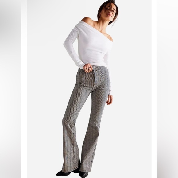 NEW Free People Jayde Railroad Flare Jeans in Train Car Stripe - Picture 4 of 9